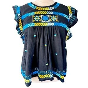 ARULA BLACK EMBROIDERED TOP RUFFLE CAP SLEEVES